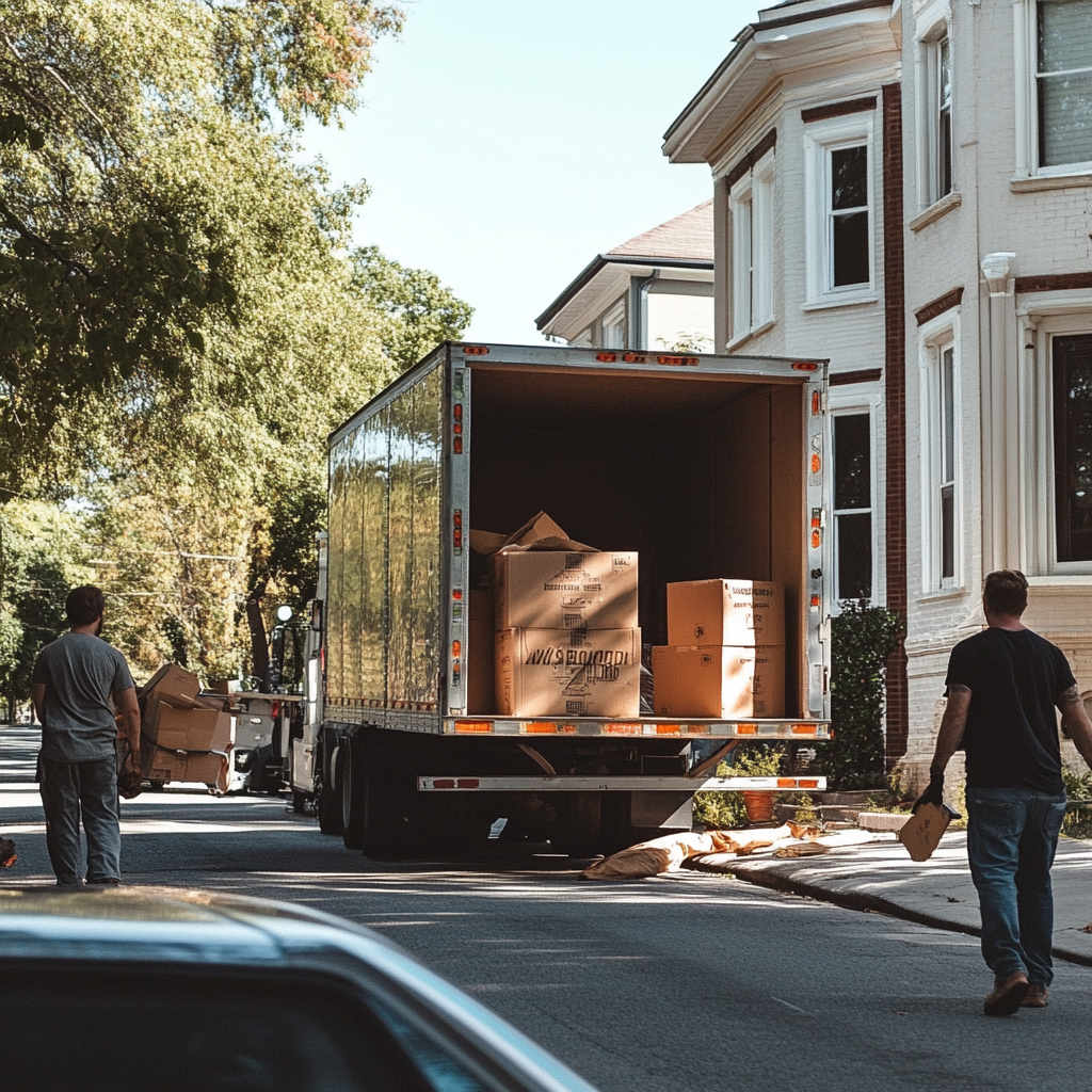 Professional movers loading a moving truck at a Northern Virginia home